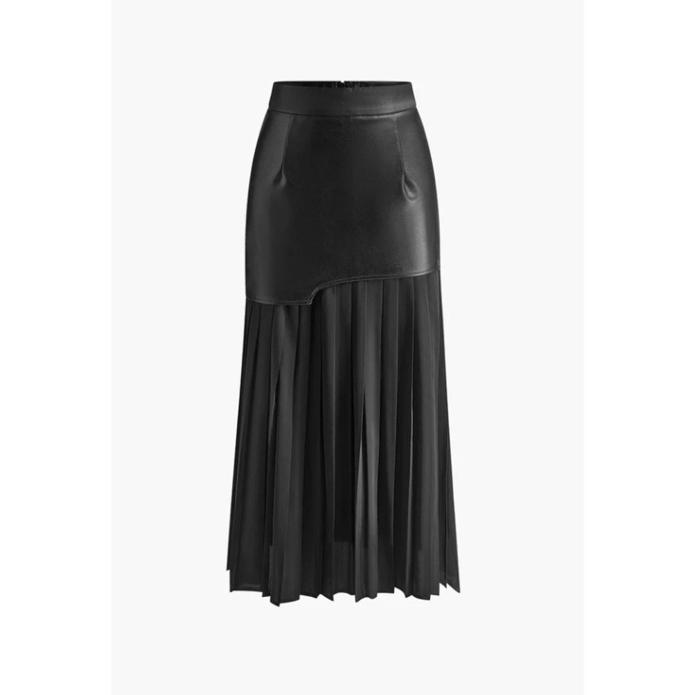 Commense Black Faux Leather Asymmetrical Pleated Maxi Skirt XS NWT